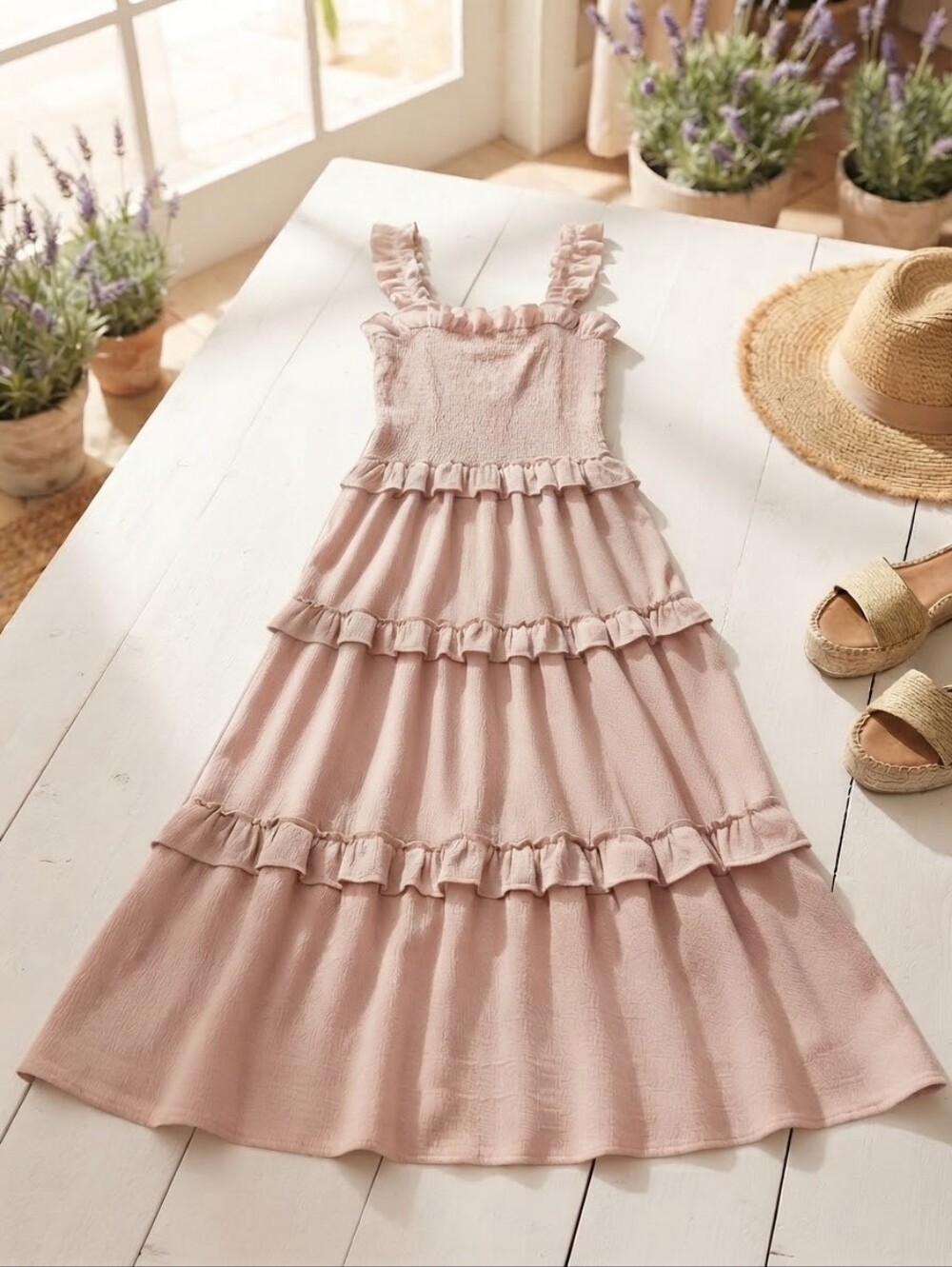 Smocked Ruffle Tiered Pink Ladys' Dress